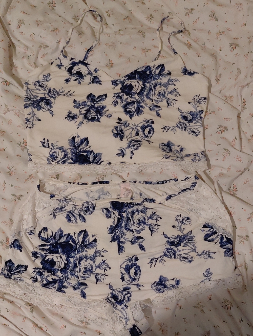 Victoria's Secret White Cami and Shorts Set with Navy Blue Floral